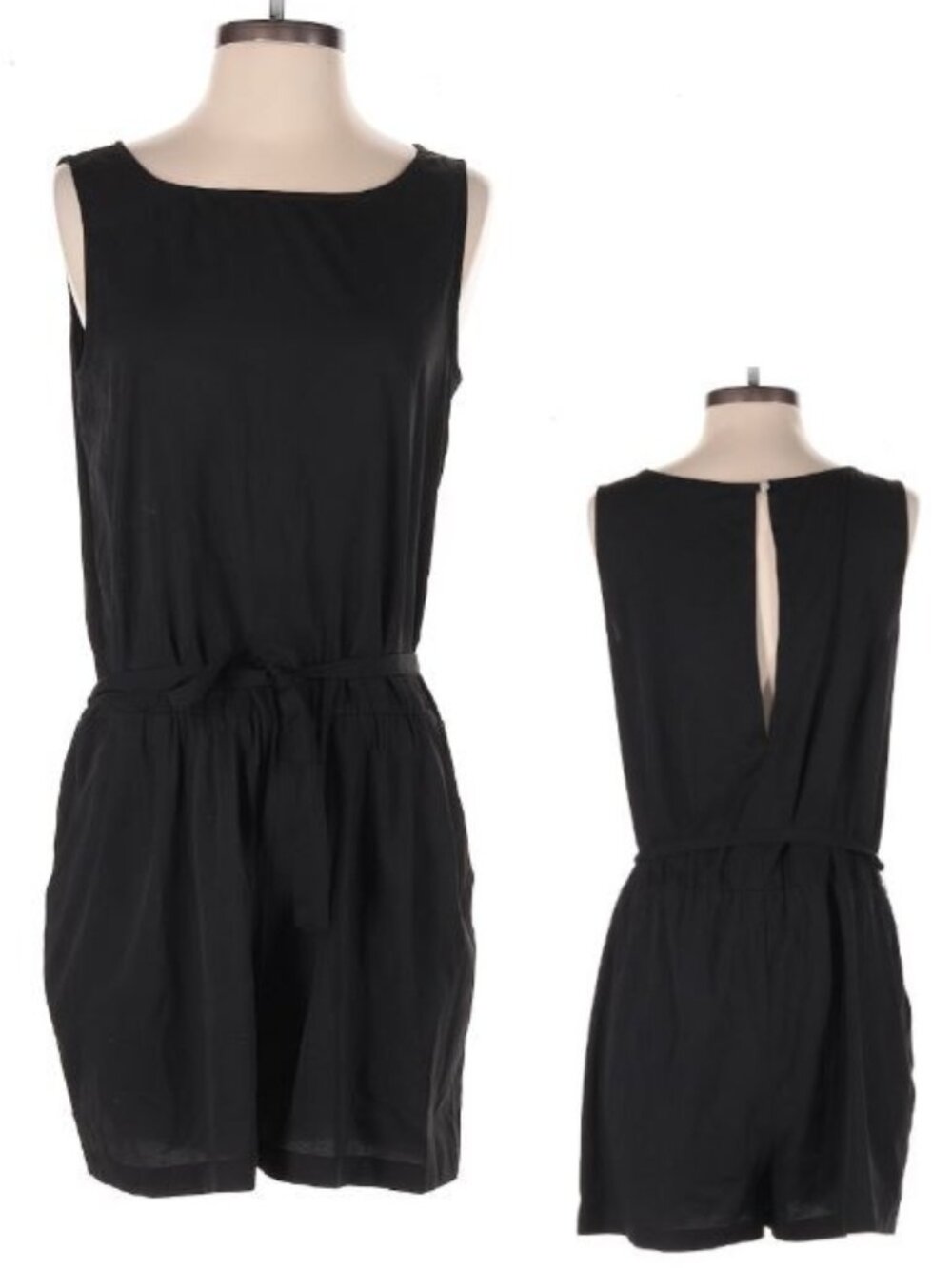 RD Style Sleeveless Crew neck Black Short Open Back Romper Pockets Tie - Size S